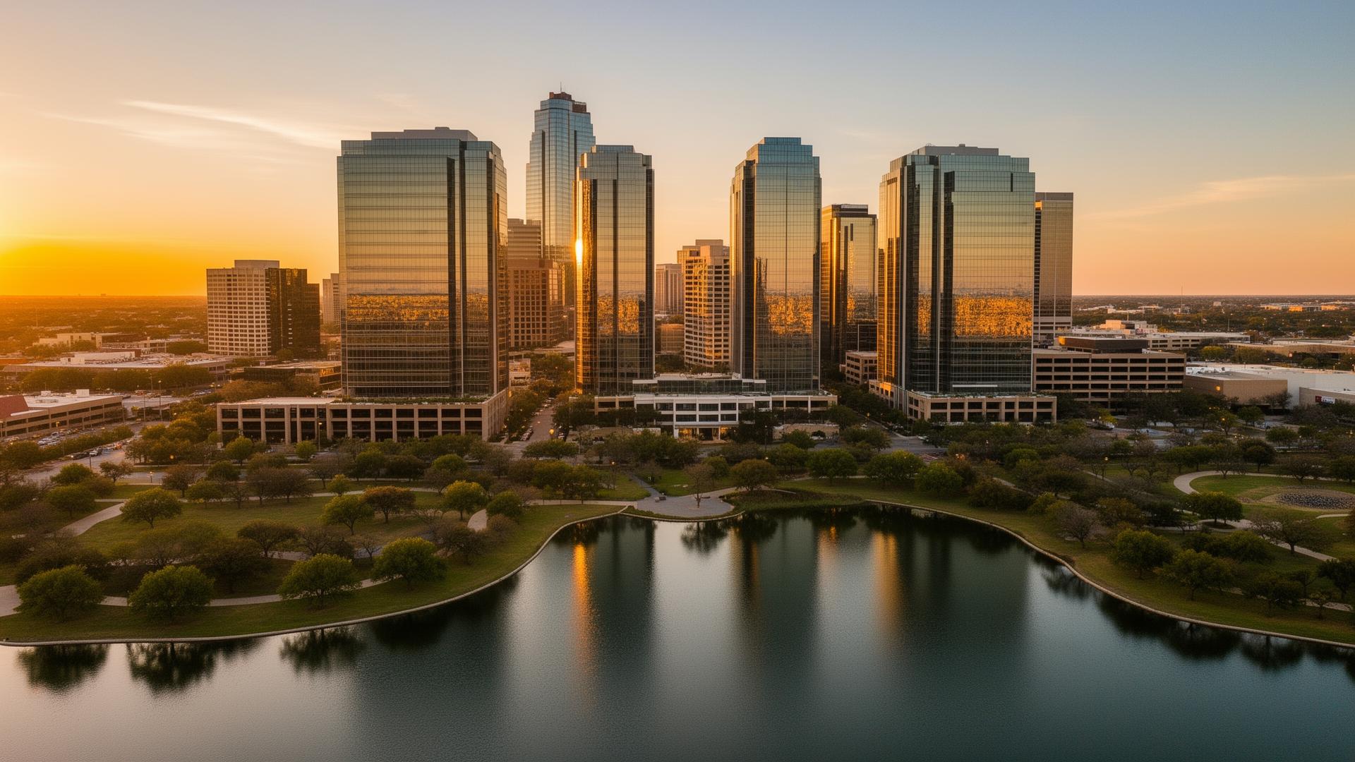 Las Colinas skyline reflected over Lake Carolyn in Irving, Texas at golden hour